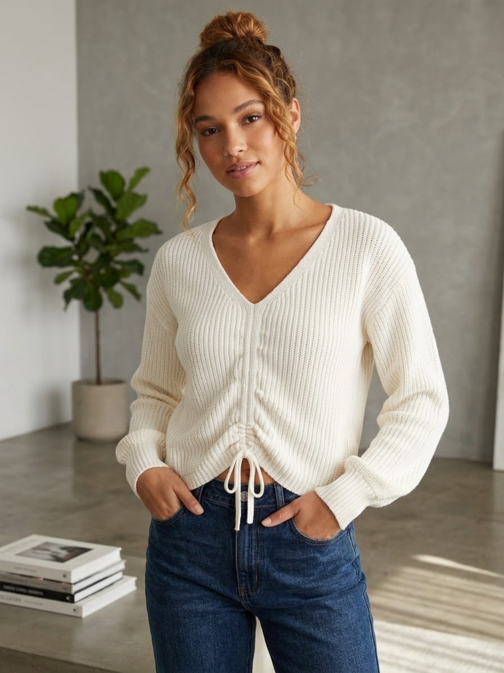 Hollister Off White Ruched Drawstring V-Neck Knit Sweater XS